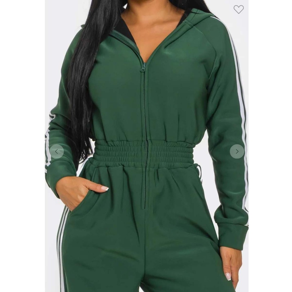 Love Sense Green Striped Hooded Jumpsuit Wide Leg Athleisure Lounge M - Picture 2 of 8